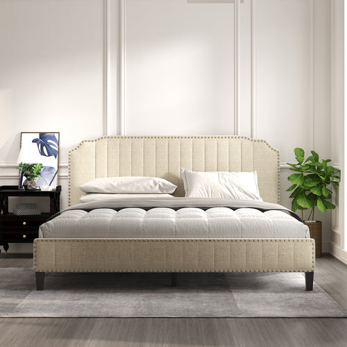 King Size Upholstered Platform Bed Frame with Nailhead, Platform Bed with Headboard and Footboard for Adults, Wood Slat Support, Beige