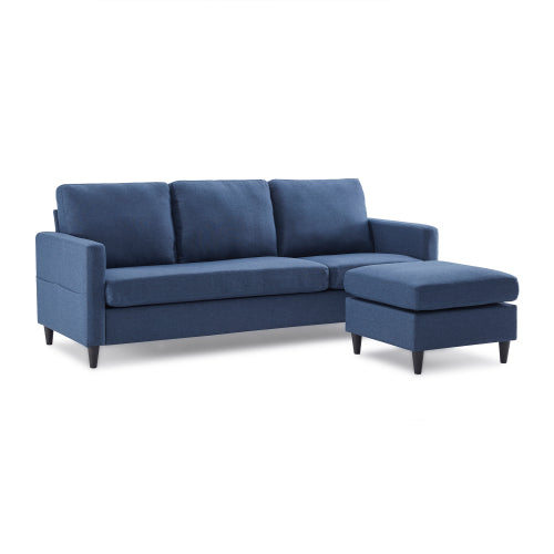 Sectional Sofa with Handy Side Pocket, L-Shape 3-Seater Couch with Movable Ottoman, Modern Tufted Linen Fabric Couch, Relax Futon Sofa Bed With Metal Legs, for Office, Living Room, Apartment, Blue