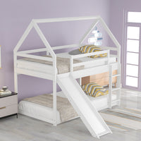 Twin Bunk Bed with Slide and Ladder, House Bunk Bed Frame with Roof and Guardrail, for Kids Boys and Girls, White