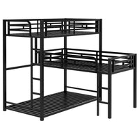 L-Shaped Metal Triple Bunk Bed, Twin Size Bunk Bed Frame with Long and Short Ladders, Loft Bed with Full-Length Guardrails and Under-Bed Storage, 3 Beds Bunk Bed for Adults No Box Spring Needed Black
