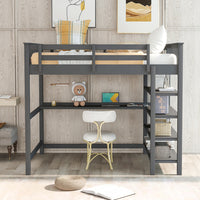 Full Size Loft Bed Frame with Desk and Shelves, Rubber Wooden Loft Bed for Kids, Teens, No Box Spring Needed, Gray