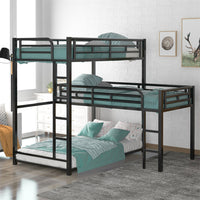 L-Shaped Metal Triple Bunk Bed, Twin Size Bunk Bed Frame with Long and Short Ladders, Loft Bed with Full-Length Guardrails and Under-Bed Storage, 3 Beds Bunk Bed for Adults No Box Spring Needed Black