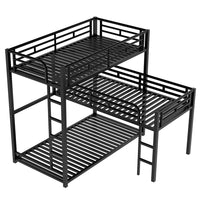 L-Shaped Metal Triple Bunk Bed, Twin Size Bunk Bed Frame with Long and Short Ladders, Loft Bed with Full-Length Guardrails and Under-Bed Storage, 3 Beds Bunk Bed for Adults No Box Spring Needed Black