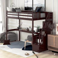Twin Size Loft Bed with Desk and Storage Stairs, Wood Loft Bed Frame with Full-length Guardrail, Espresso