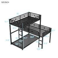 L-Shaped Metal Triple Bunk Bed, Twin Size Bunk Bed Frame with Long and Short Ladders, Loft Bed with Full-Length Guardrails and Under-Bed Storage, 3 Beds Bunk Bed for Adults No Box Spring Needed Black