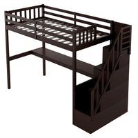 Twin Size Loft Bed with Desk and Storage Stairs, Wood Loft Bed Frame with Full-length Guardrail, Espresso