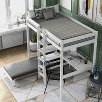Twin Size Loft Bed, Convertible Loft Bed with L-Shape Desk, Wood Bunk Bed Lower Loft Bed Frame with Shelves and Ladder for Boys and Girls, White