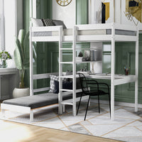 Twin Size Loft Bed, Convertible Loft Bed with L-Shape Desk, Wood Bunk Bed Lower Loft Bed Frame with Shelves and Ladder for Boys and Girls, White