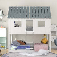 White Twin over Twin House Bed Frame with Roof and Windows, Low Bunk Bed with Fence-shaped Guardrail and Ladder, For Kids, Boys and Girls
