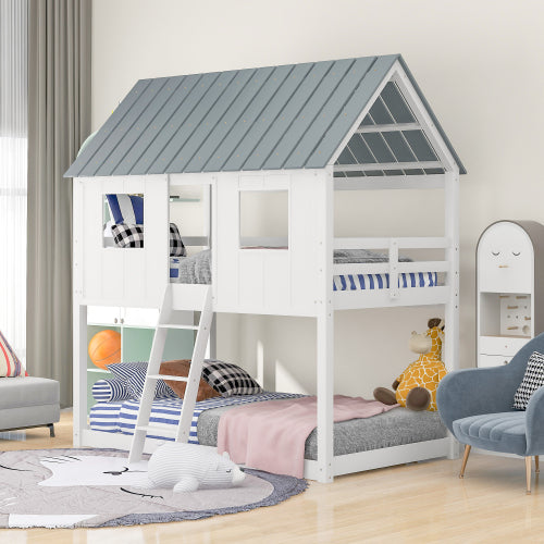 White Twin over Twin House Bed Frame with Roof and Windows, Low Bunk Bed with Fence-shaped Guardrail and Ladder, For Kids, Boys and Girls
