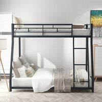 Black Metal Floor Bunk Bed, Floor Twin Over Full Bunk Bed Frame with Sloping Ladder and Safety Guardrails, No Box Spring Needed, Space-Saving