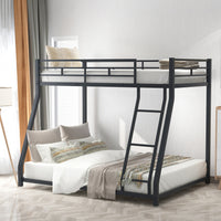 Black Metal Floor Bunk Bed, Floor Twin Over Full Bunk Bed Frame with Sloping Ladder and Safety Guardrails, No Box Spring Needed, Space-Saving