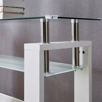 Rectangle Glass Console Table, Modern Clear Cocktail Table with Tempered Glass Top and Open Storage Shelf, Multifunctional 2-Tier Coffee Table with Steel Legs for Living Room Office Bedroom, White