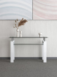 Rectangle Glass Console Table, Modern Clear Cocktail Table with Tempered Glass Top and Open Storage Shelf, Multifunctional 2-Tier Coffee Table with Steel Legs for Living Room Office Bedroom, White