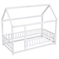 Twin Size Floor Bed, House Floor Wood Bed with Roof Frame for Kids Toddlers Teens, Montessori Bed Frame with Fence-Shaped Guardrail, Floor Bed Frame without Slat Support, Can be Decorated, White