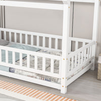 Twin Size Floor Bed, House Floor Wood Bed with Roof Frame for Kids Toddlers Teens, Montessori Bed Frame with Fence-Shaped Guardrail, Floor Bed Frame without Slat Support, Can be Decorated, White