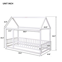 Twin Size Floor Bed, House Floor Wood Bed with Roof Frame for Kids Toddlers Teens, Montessori Bed Frame with Fence-Shaped Guardrail, Floor Bed Frame without Slat Support, Can be Decorated, White