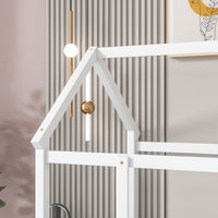 Twin Size Floor Bed, House Floor Wood Bed with Roof Frame for Kids Toddlers Teens, Montessori Bed Frame with Fence-Shaped Guardrail, Floor Bed Frame without Slat Support, Can be Decorated, White