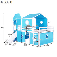 Playhouse Loft Bed,Full Size House Bunk Bed with Slide,Blue Tent and Tower,Solid Wood Bunk Bed Frame with Roof Design and Fence Shaped Guardrails,Castle-Shaped Bunk Bed for Kids Boys Girls,Blue