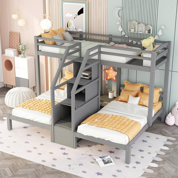 Triple Bunk Bed, Twin Over Twin & Twin Bunk Bed with Storage Staircase and Drawer, Solid Wood Triple Bed Frame for Family Teens, No Box Spring Needed, Gray