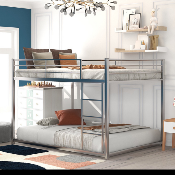Full over Full Metal Bunk Bed with Ladder and Full-length Guardrail, Low Bunk Bed Frame for Kids, Teens, Adults, Space-Saving Floor Bunk Bed, No Box Spring Needed, Silver