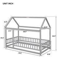 Twin Size Floor Bed with Fence Guardrails for Kids Toddlers and Teens, Solid Wood House Bed Frame with Roof for Boys and Girls Bedroom, Playhouse Design, No Slats Included, No Box Spring Needed, Gray