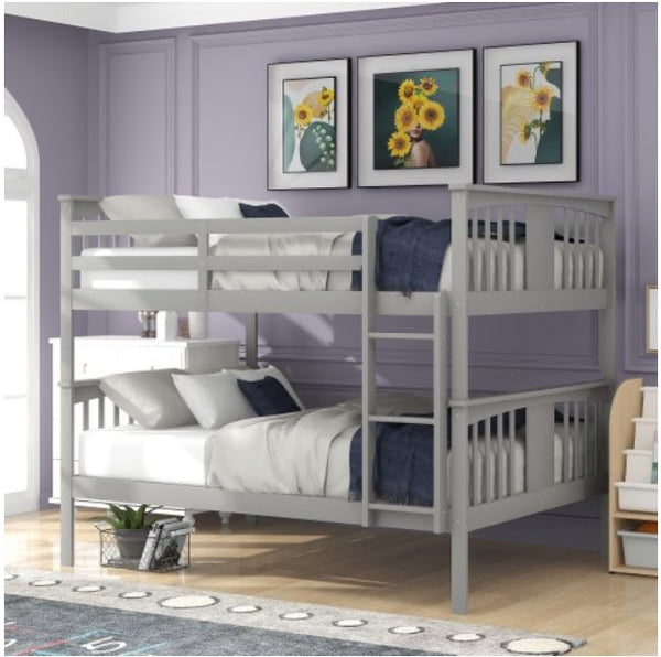 Bunk Bed Frame Full Over Full, Bunk Beds for Kids with Ladder and Full-Length Guardrail, Wood 2-in-1 Bunk Beds for Boys Girls, Convertible into 2 Platform Beds, No Box Spring Needed, Gray
