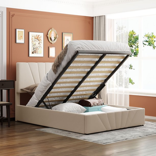 Full Size Upholstered Platform Bed with Storage Underneath, Full Bed with Headboard and Gas Lift Up Storage, Wood Bed Frame with a Hydraulic Storage System, Beige 77.9''L X 58.8''W X (44.6 or 48.6)''H