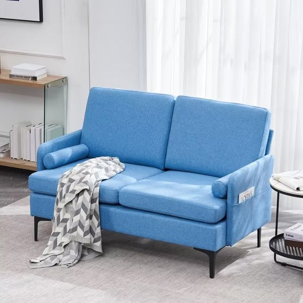 Modern Accent Sofa, Comfty Loveseat Sofa, Two-Person Iron Frame Back Wooden Frame Seat Frame Lounge Indoor Chair, Sectional Sofa with Reversible Chaise Lounge, for Small Spaces, Blue