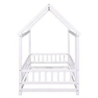 Twin Size Floor Bed with Fence Guardrails for Kids, Solid Wood House Bed Frame with Roof for Boys and Girls Bedroom, Playhouse Design, No Slats Included, No Box Spring Needed, White