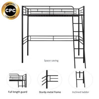 Metal Loft Bed, Twin Size Metal Loft Bed Frame with Ladder for Kids Teens Adults, Heavy Duty Loft Bed with Safety Guard Rail for Small Space Bedroom, Space-Saving Design, Noise Free, Black