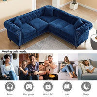 L-Shaped Velvet Tufted Sectional Sofa Set with 3 Pillows Classic Upholstered Rolled Arm Chesterfield Sectional Sofa Couch for Living Room Bedroom, 5 Seater Soft Velvet Lounge with Thick Cushion (Navy)