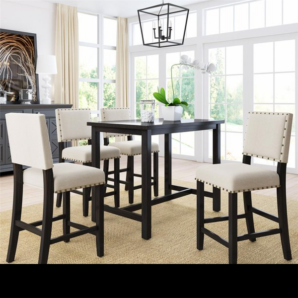 5 Piece Dining Table Set Rustic Wooden Counter Height Table with 4 Upholstered Chairs, Espresso+ Beige