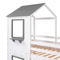 Twin Over Full Bunk Bed, House Shaped Solid Wood Bunk Bed with Roof, Window,House Bed Loft Bed with Guardrail and Ladder for Kids, Toddlers, Teens, Boys, Girls, No Box Spring Needed, White + Gray Roof