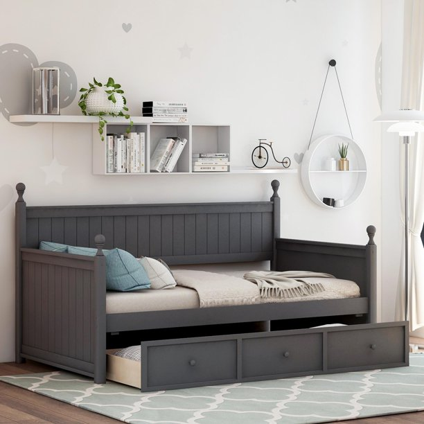 Daybed with Storage Drawers, Indoor Outdoor Twin Size Sofa Day Bed Frame for Bedroom Living Room, Gray 80.5x42.7x45.4inch