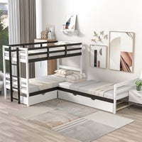 L-Shaped Bunk Bed and Platform Bed with Trundle and Drawer, Twin Size Triple Bunk Beds for Kids Boys Girls Teens, White