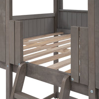 Full Over Full House Bunk Bed with Roof, Wood House Bunk Bed with Window, Safety Guardrail, Ladder for Kids Teens Girls Boys, No Box Spring Needed, Antique Gray 78.7"L x 56.2"W x 85.5"H