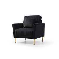 Modern Accent Chair, Soft Velvet Sofa Chair with Gold Metal Legs, Upholstered Single Sofa Chair with 1 Throw Pillow, Comfy Club Chair Arm Sofa Reading Chair for Bedroom Living Room Office, Black