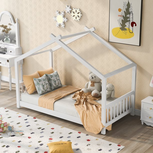 Twin House Bed, House Platform Bed with Headboard and Footboard, Wood Floor Bed for Toddlers,Kids, Girls, Boys, Can Be Decorated, White