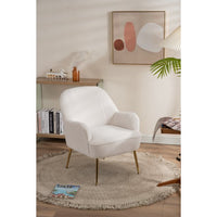 TRIPLE TREE Modern Soft Teddy Fabric Ivory Ergonomics Accent Chair, Comfy Fluffy Armchair, Vanity Chair with Gold Legs and Adjustable Legs for Indoor Home Living Room Bedroom, White