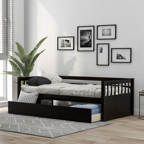 Twin Size Wooden Daybed with Inseparable 2 Drawers, Twin Daybed Sofa Bed Frame No Box Spring Needed for Bedroom, Guest Room, Living Room (Espresso)
