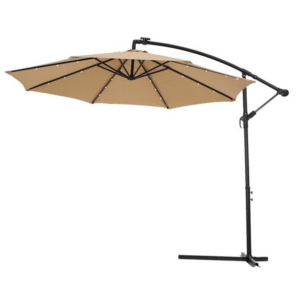 10ft Solar LED Offset Hanging Market Patio Umbrella for Backyard, Poolside, Lawn and Garden w/Easy Tilt Adjustment, Polyester Shade, 8 Ribs - Light Brown