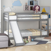 Twin Over Twin Floor Bunk Bed with Convertible Slide and Ladder, Wood Low Bunk Bed Frame for Kids Teens, No Box Spring Required, Gray