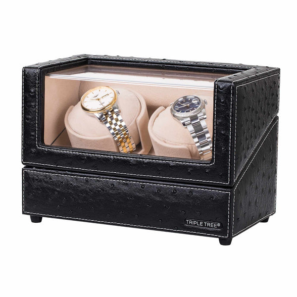 Double Automatic Watch Winder in Black Leather