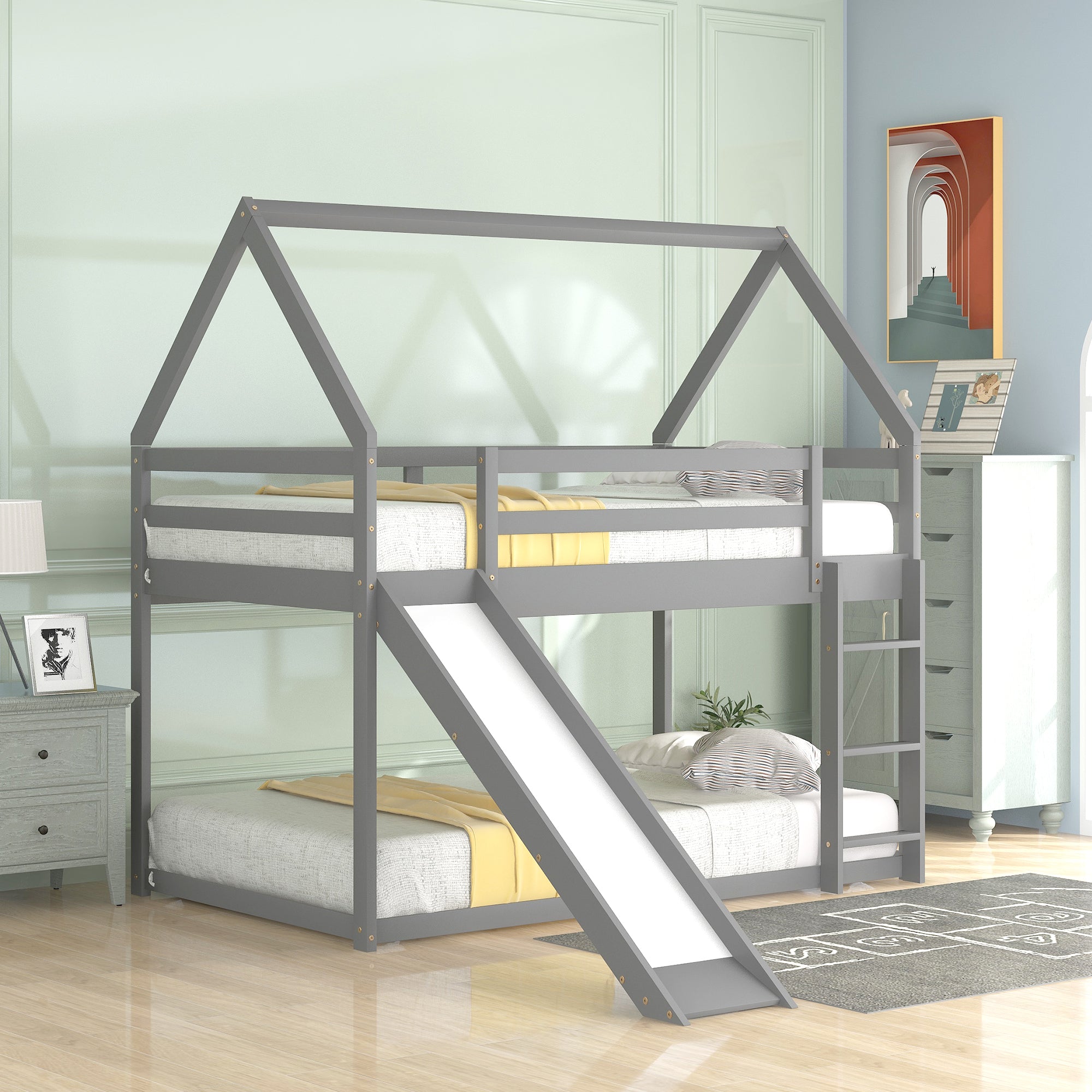 Twin Size Floor Bunk House Bed, House Shaped Bunk Beds with Slide,Roofs and Ladder, Wood Twin Size House Bunk Bed for Toddlers, Kids,Teens, Girls and Boys (Gray)