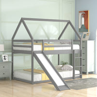 Twin Size Floor Bunk House Bed, House Shaped Bunk Beds with Slide,Roofs and Ladder, Wood Twin Size House Bunk Bed for Toddlers, Kids,Teens, Girls and Boys (Gray)