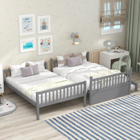 Full Over Full Bunk Bed with Trundle, Sweden Pine Wood Bunk Beds with Guard Rail and Ladder, Pull-out Combination Bed with Casters, Convertible to Separate 2 Beds for Kids Adults, Gray