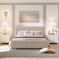 JINS&VICO Queen Size Storage Bed, Metal Platform Bed Frame with a Big Drawer, Upholstered Headboard and Footboard, Saving Space, No Box Spring Needed, Convenient Assembly, Beige