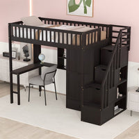 Twin Size Loft Bed, Wooden Loft Bed Frame with Bookshelf and Drawers for Kids Teens, Multifunctional Storage Bed Frame with Built-in Desk and Wardrobe for Bedroom Dorm, Space-Saving Design, Espresso