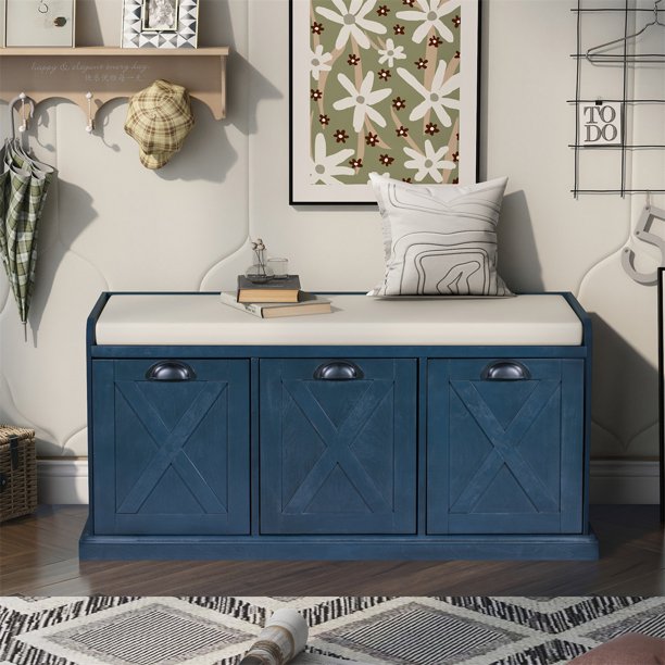 JINS&VICO Rustic Storage Bench with Drawers, Shoe Bench with